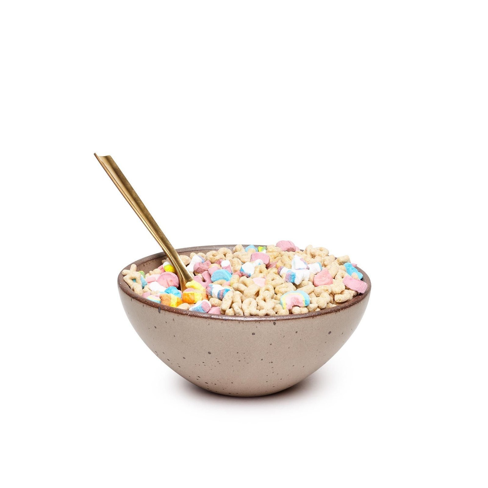 Vellax Supply soup bowl in Warm Taupe, shown with cereal and a spoon